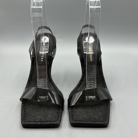 Good American Black Glitter Jeweled Strappy High Heels Square Toe Women's Size 7 - Picture 2 of 8